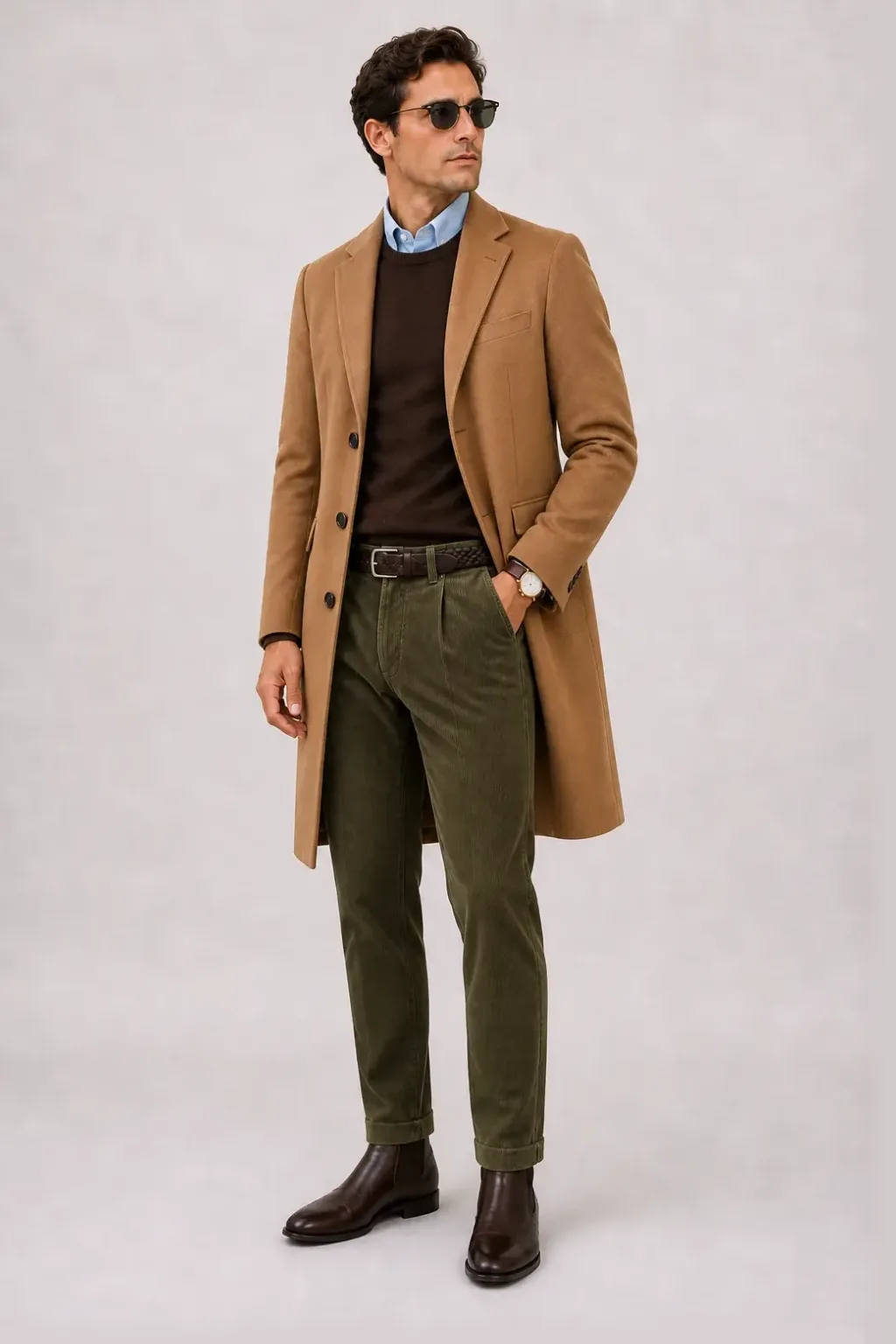Langer Mantel Camel über Crewneck-Pullover Feinstrick Schokobraun und T-Shirt Weiss, dazu Cordhose Oliv und Chelsea Boot — Button-Down-Hemd Hellblau