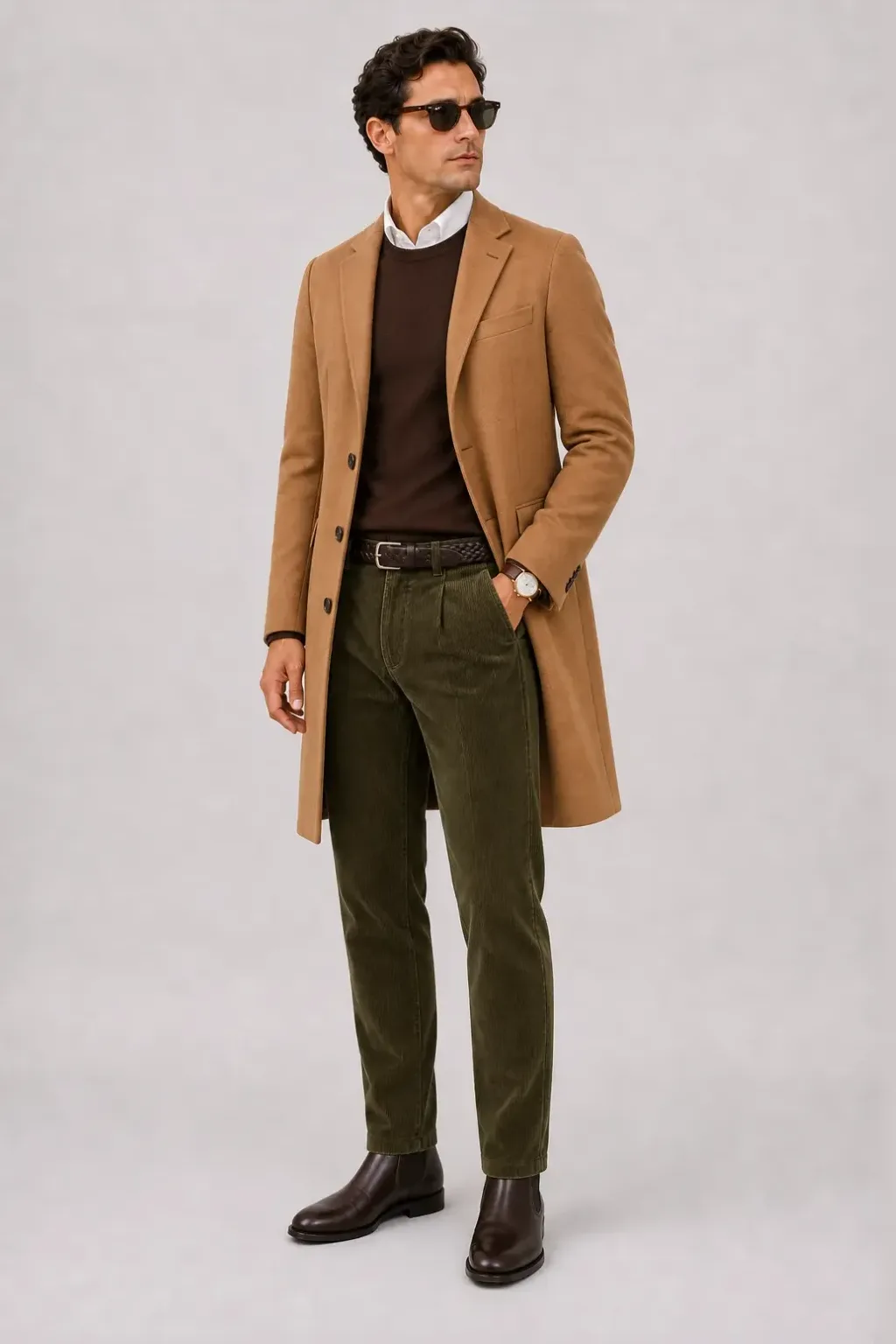 Langer Mantel Camel über Crewneck-Pullover Feinstrick Schokobraun und T-Shirt Weiss, dazu Cordhose Oliv und Chelsea Boot — Button-Down-Hemd Weiss