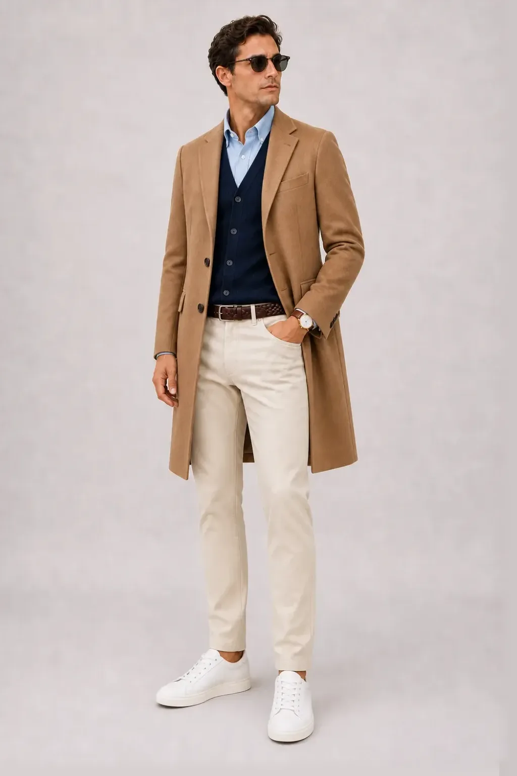 Langer Mantel Camel über Cardigan, dazu Chino Creme und Sneaker