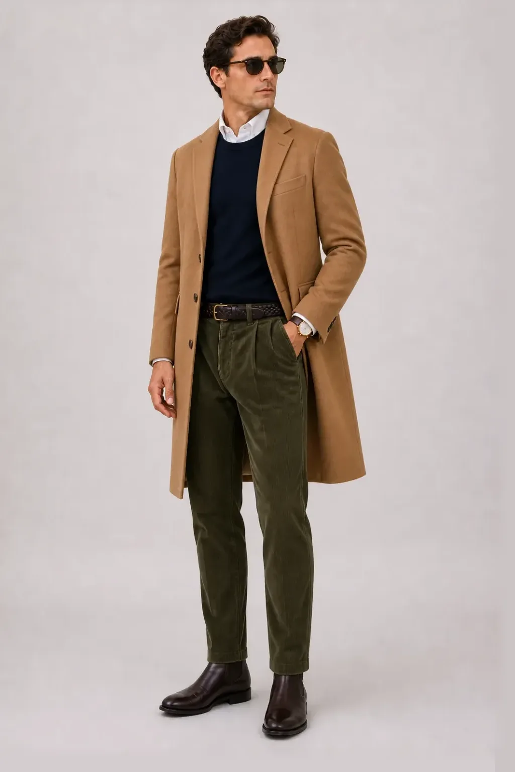 Langer Mantel Camel über Cardigan, dazu Cordhose Oliv und Chelsea Boot — Crewneck-Pullover Feinstrick Navy