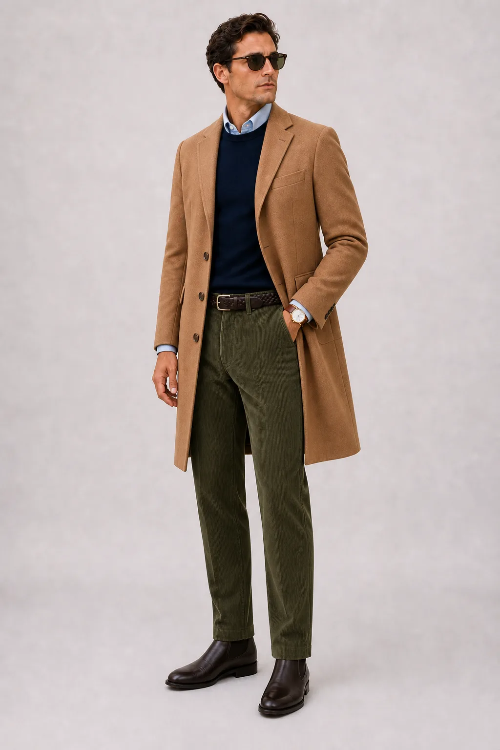 Langer Mantel Camel über Crewneck-Pullover Feinstrick Navy und Button-Down-Hemd Weiss, dazu Cordhose Oliv und Chelsea Boot — Button-Down-Hemd Hellblau