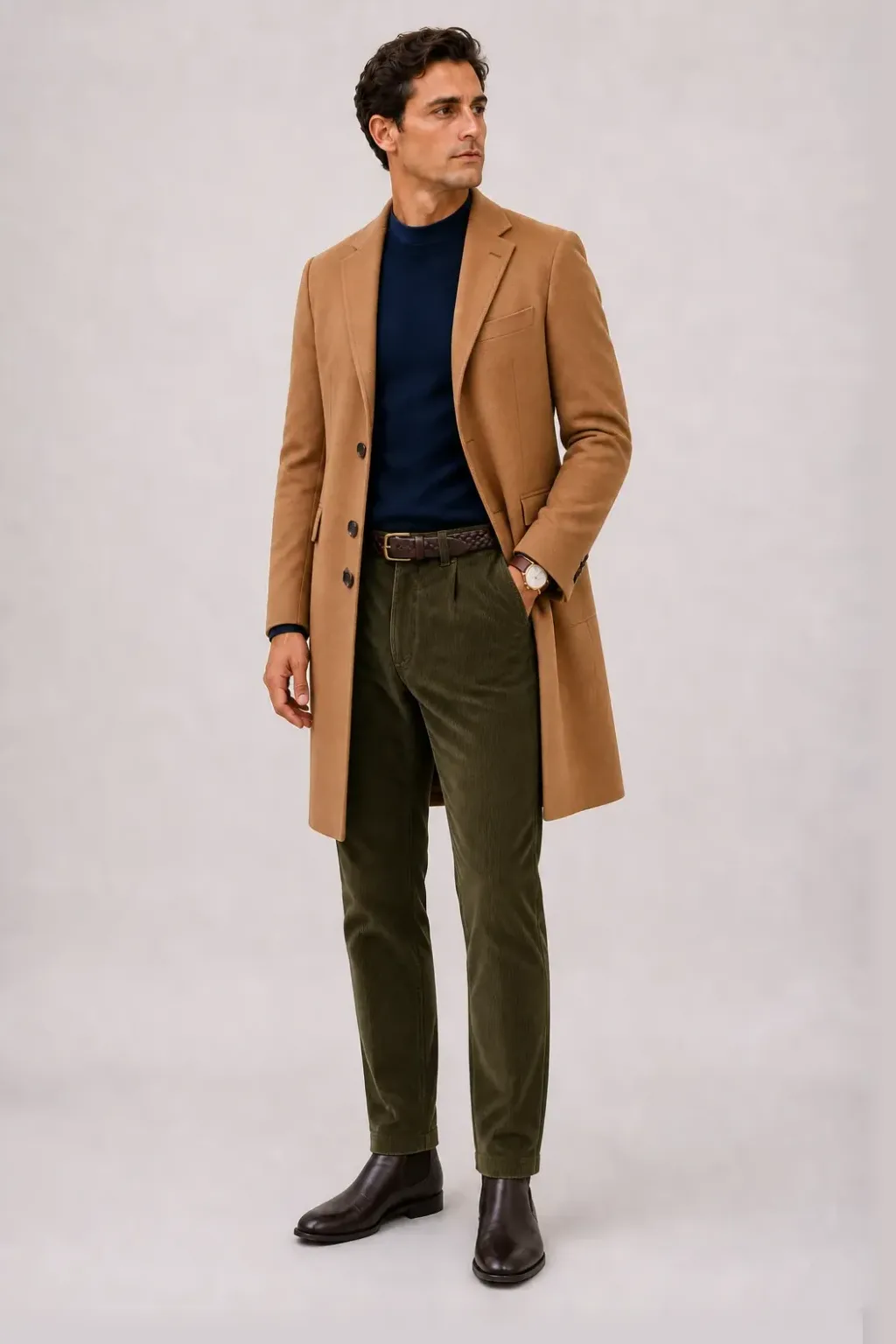 Langer Mantel Camel über Crewneck-Pullover Feinstrick Navy und Button-Down-Hemd Weiss, dazu Cordhose Oliv und Chelsea Boot — T-Shirt Navy