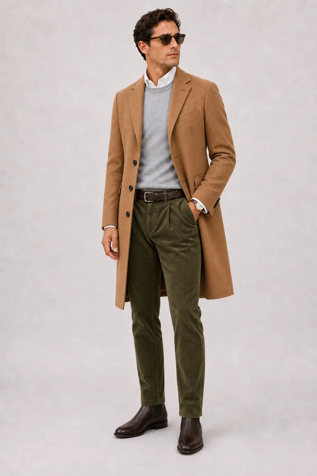 Langer Mantel Camel über Crewneck-Pullover Feinstrick Hellgrau und Button-Down-Hemd Weiss, dazu Cordhose Oliv und Chelsea Boot