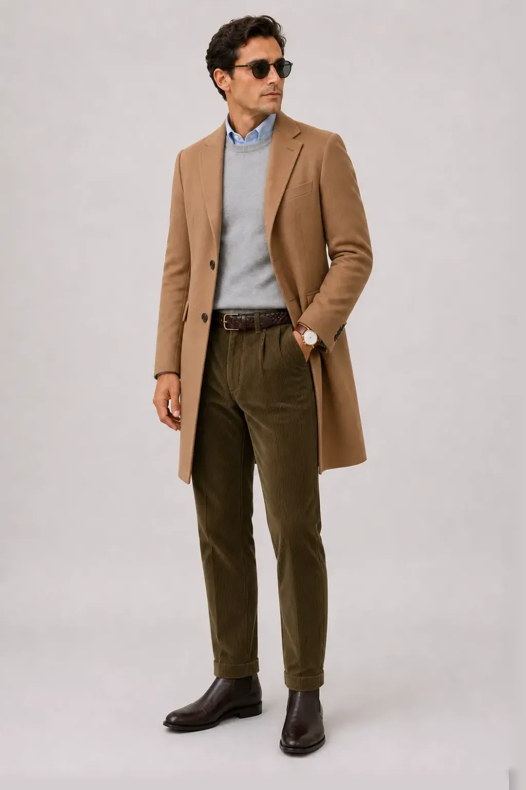 Langer Mantel Camel über Crewneck-Pullover Feinstrick Hellgrau und Button-Down-Hemd Weiss, dazu Cordhose Oliv und Chelsea Boot — Button-Down-Hemd Hellblau
