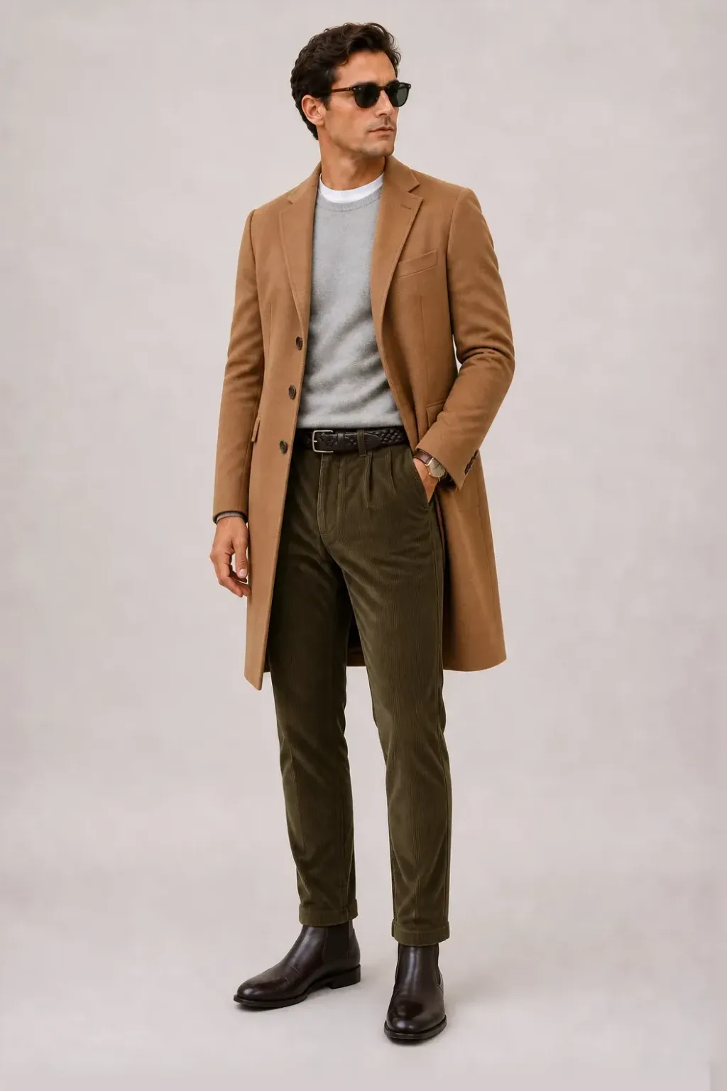 Langer Mantel Camel über Crewneck-Pullover Feinstrick Hellgrau und Button-Down-Hemd Weiss, dazu Cordhose Oliv und Chelsea Boot — T-Shirt Weiss