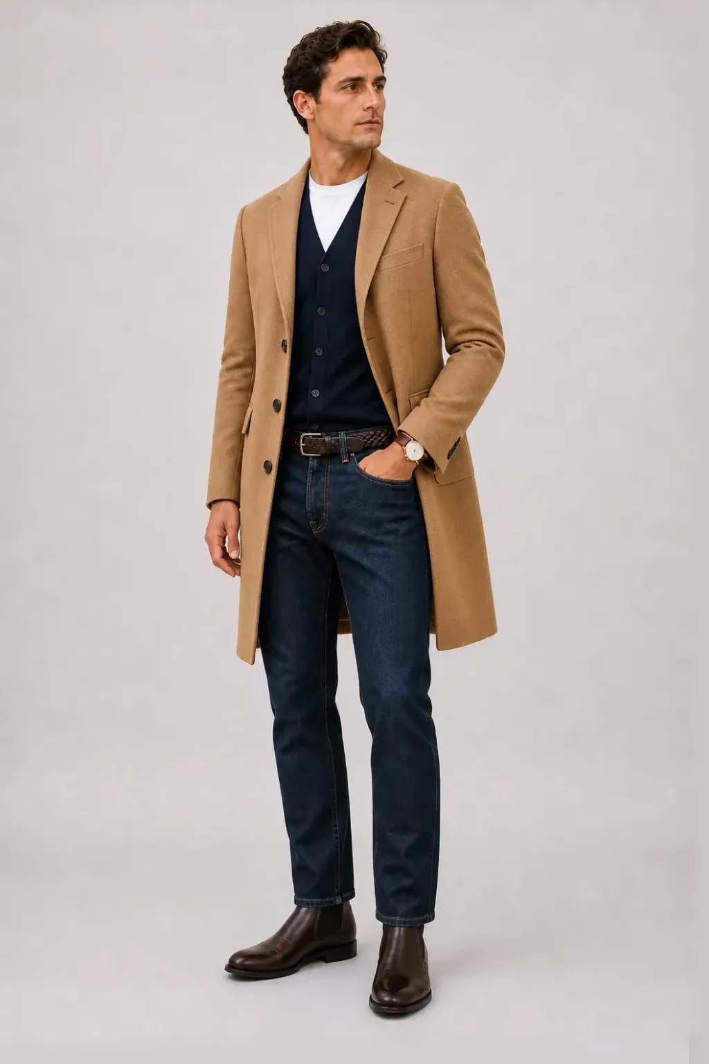 Langer Mantel Camel über Button-Down-Hemd, dazu Jeans Navy und Chelsea Boot — Cardigan Navy