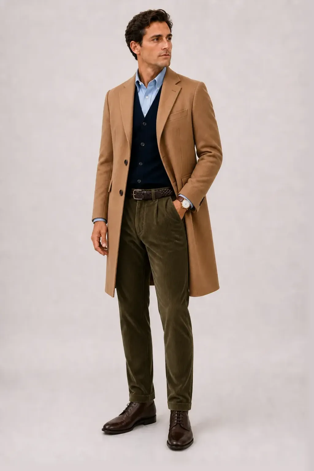 Langer Mantel Camel über Cardigan, dazu Cordhose Oliv und Dress-Boot