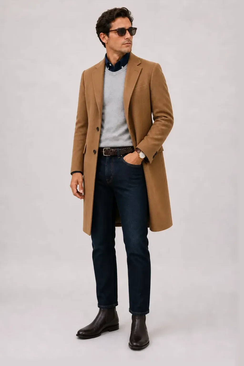 Langer Mantel Camel über Button-Down-Hemd, dazu Jeans Navy und Chelsea Boot — Crewneck-Pullover Feinstrick Hellgrau