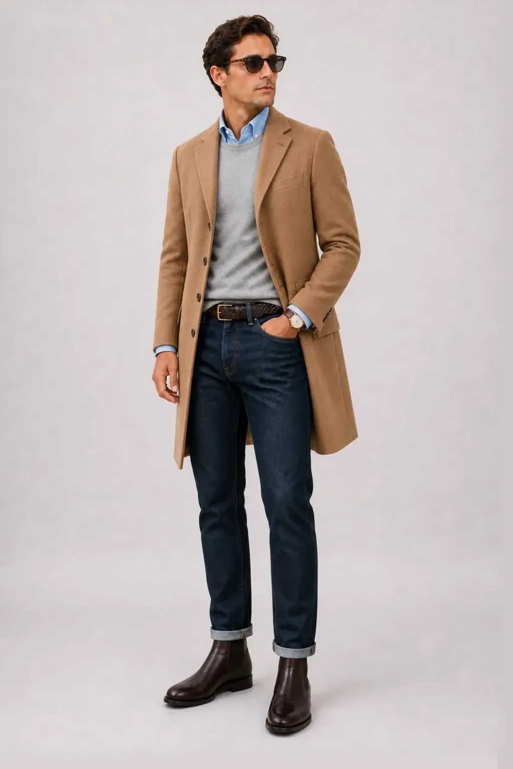 Langer Mantel Camel über Crewneck-Pullover Feinstrick Hellgrau und Button-Down-Hemd Navy, dazu Jeans Navy und Chelsea Boot — Button-Down-Hemd Hellblau