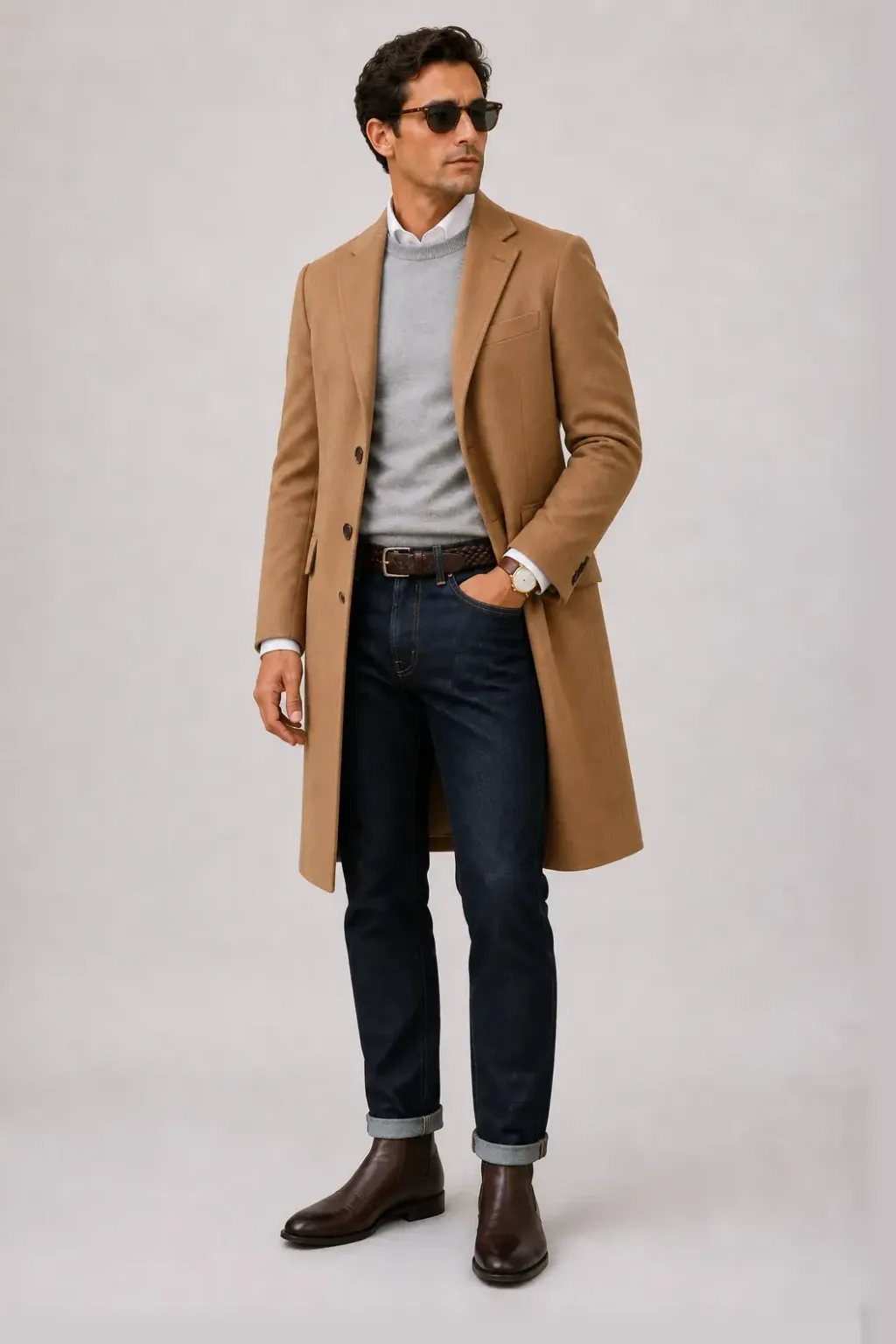 Langer Mantel Camel über Crewneck-Pullover Feinstrick Hellgrau und Button-Down-Hemd Navy, dazu Jeans Navy und Chelsea Boot — Button-Down-Hemd Weiss
