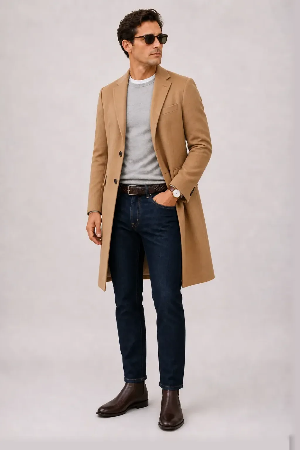 Langer Mantel Camel über Crewneck-Pullover Feinstrick Hellgrau und Button-Down-Hemd Navy, dazu Jeans Navy und Chelsea Boot — T-Shirt Weiss