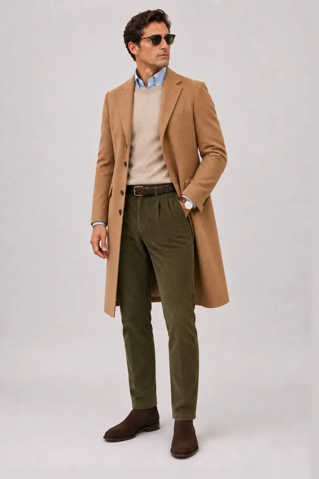 Langer Mantel Camel über Crewneck-Pullover Feinstrick, dazu Cordhose Oliv und Chelsea Boot Wildleder