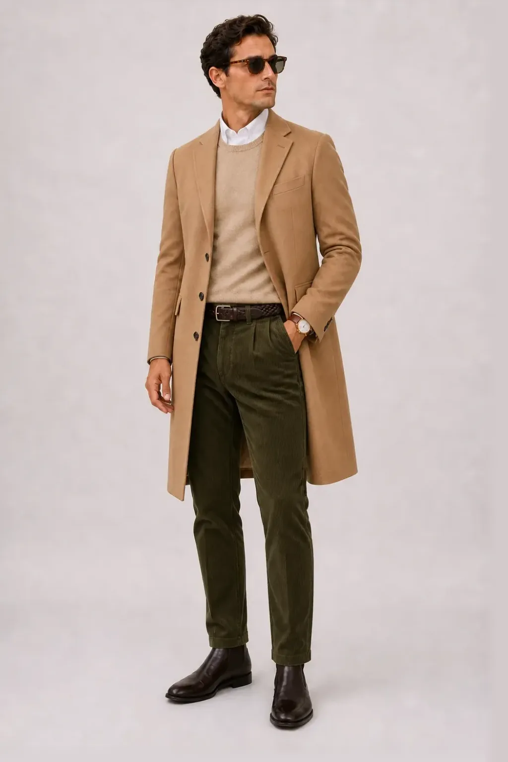 Langer Mantel Camel über Crewneck-Pullover Feinstrick, dazu Cordhose Oliv und Chelsea Boot Wildleder — Button-Down-Hemd Weiss