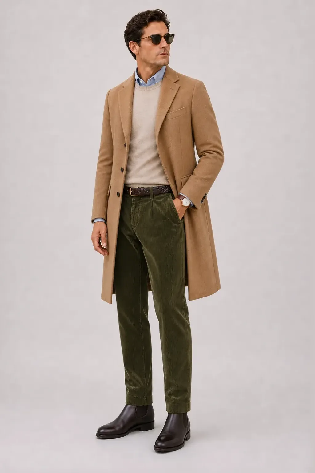 Langer Mantel Camel über Crewneck-Pullover Feinstrick, dazu Cordhose Oliv und Chelsea Boot Wildleder
