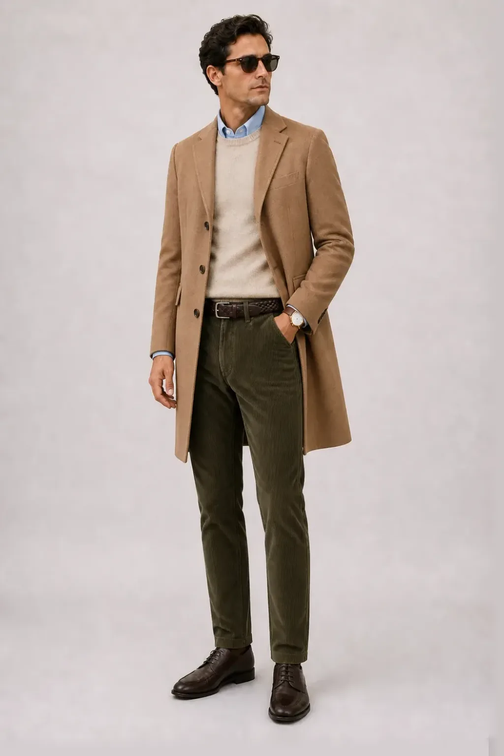 Langer Mantel Camel über Crewneck-Pullover Feinstrick, dazu Cordhose Oliv und Chelsea Boot Wildleder