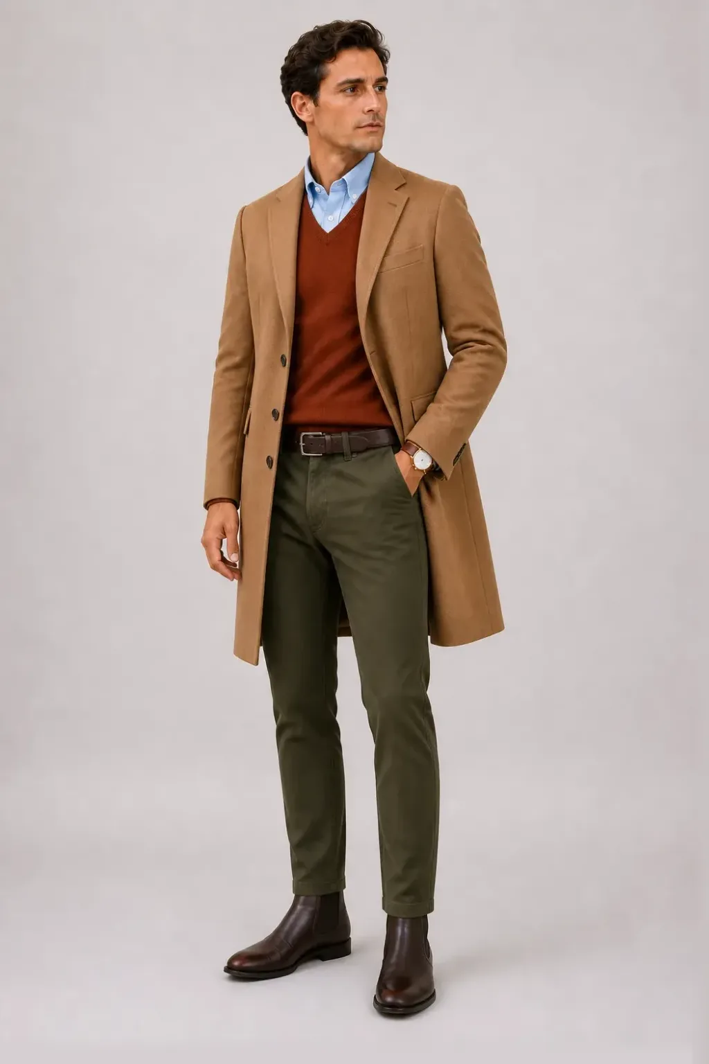 Langer Mantel Camel über Half-Zip Pullover Feinstrick, dazu Chino Oliv und Chelsea Boot — V-Neck-Pullover Feinstrick Rostbraun