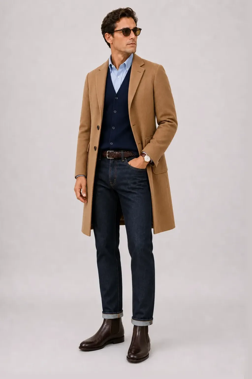 Langer Mantel Camel über Cardigan Navy und Button-Down-Hemd Hellblau, dazu Jeans Navy und Chelsea Boot