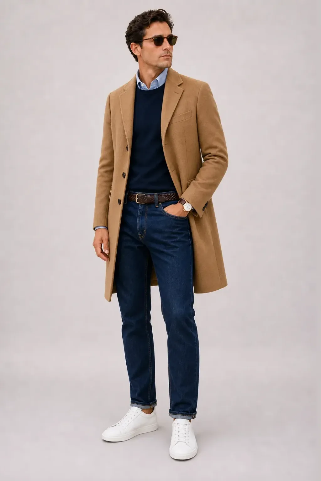 Langer Mantel Camel über Crewneck-Pullover Feinstrick Navy und Button-Down-Hemd Hellblau, dazu Jeans Navy und Sneaker