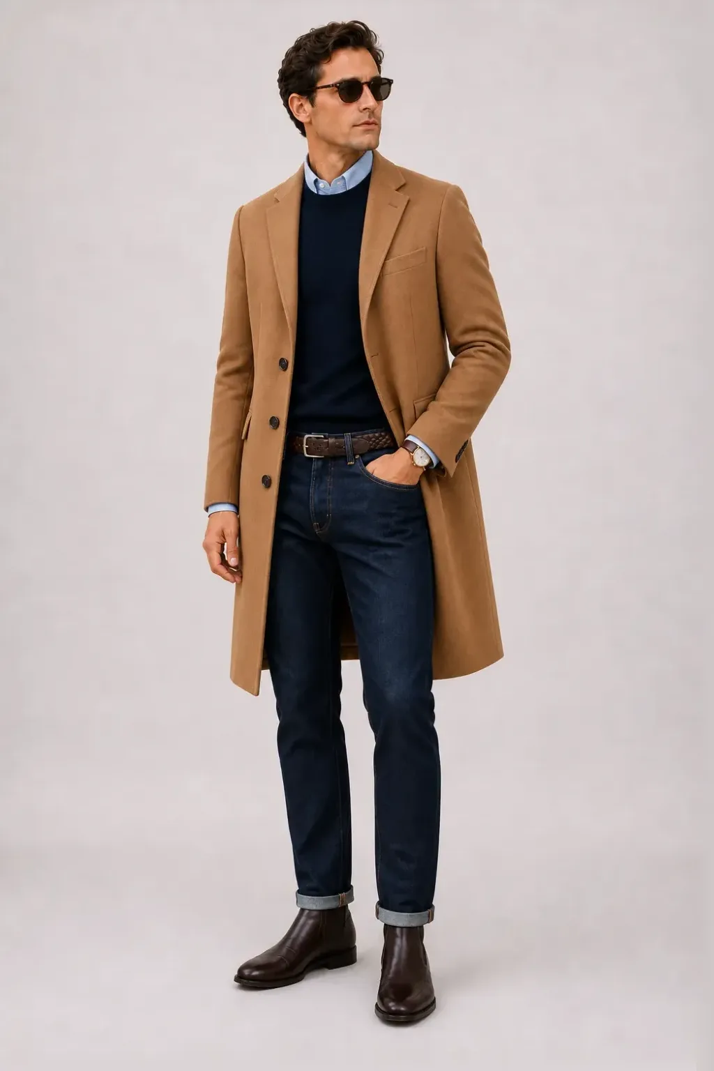 Langer Mantel Camel über Crewneck-Pullover Feinstrick Navy und Button-Down-Hemd Hellblau, dazu Jeans Navy und Sneaker