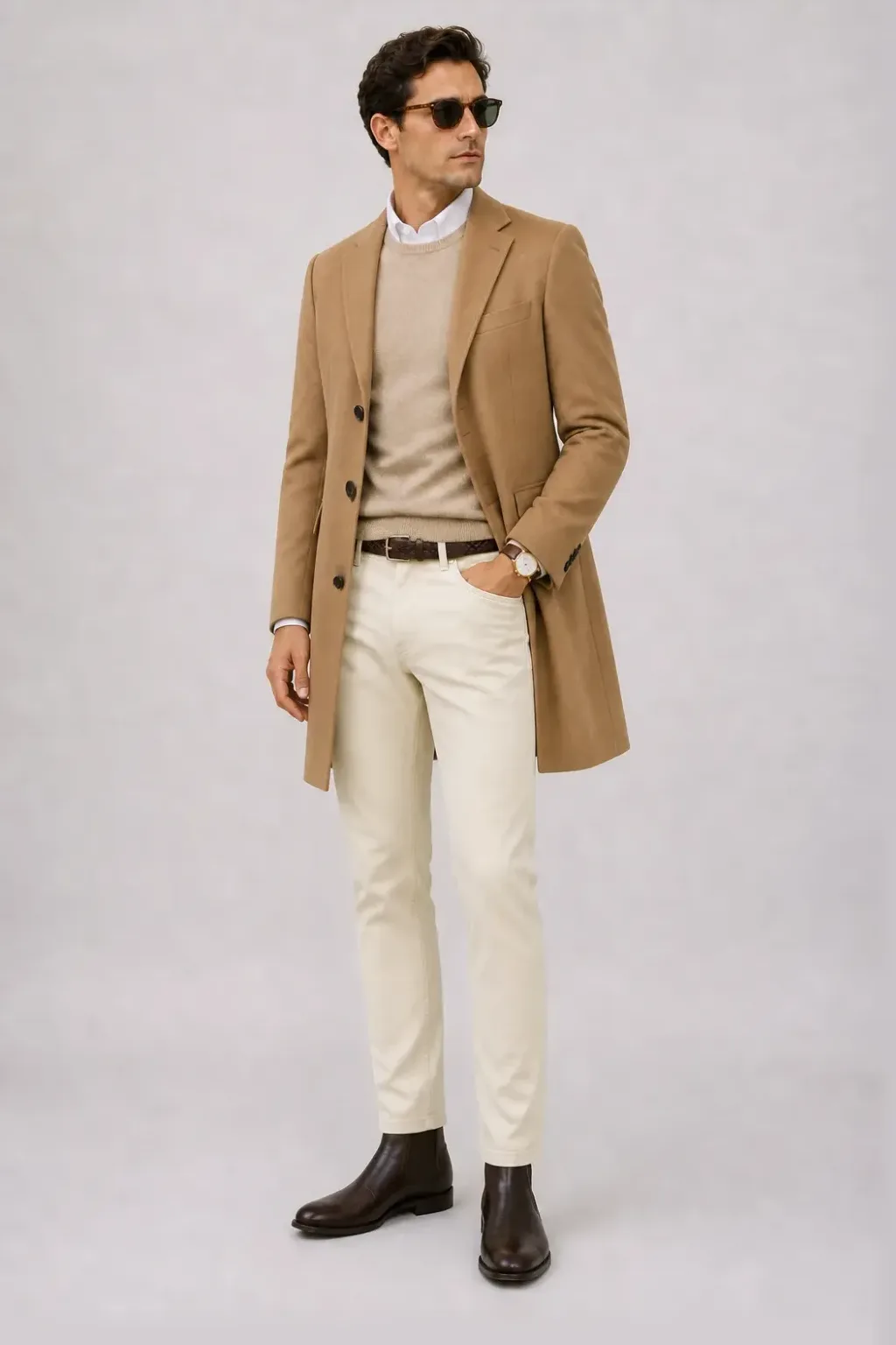 Langer Mantel Camel über Crewneck-Pullover Feinstrick Beige und Button-Down-Hemd Weiss, dazu Chino Creme und Chelsea Boot