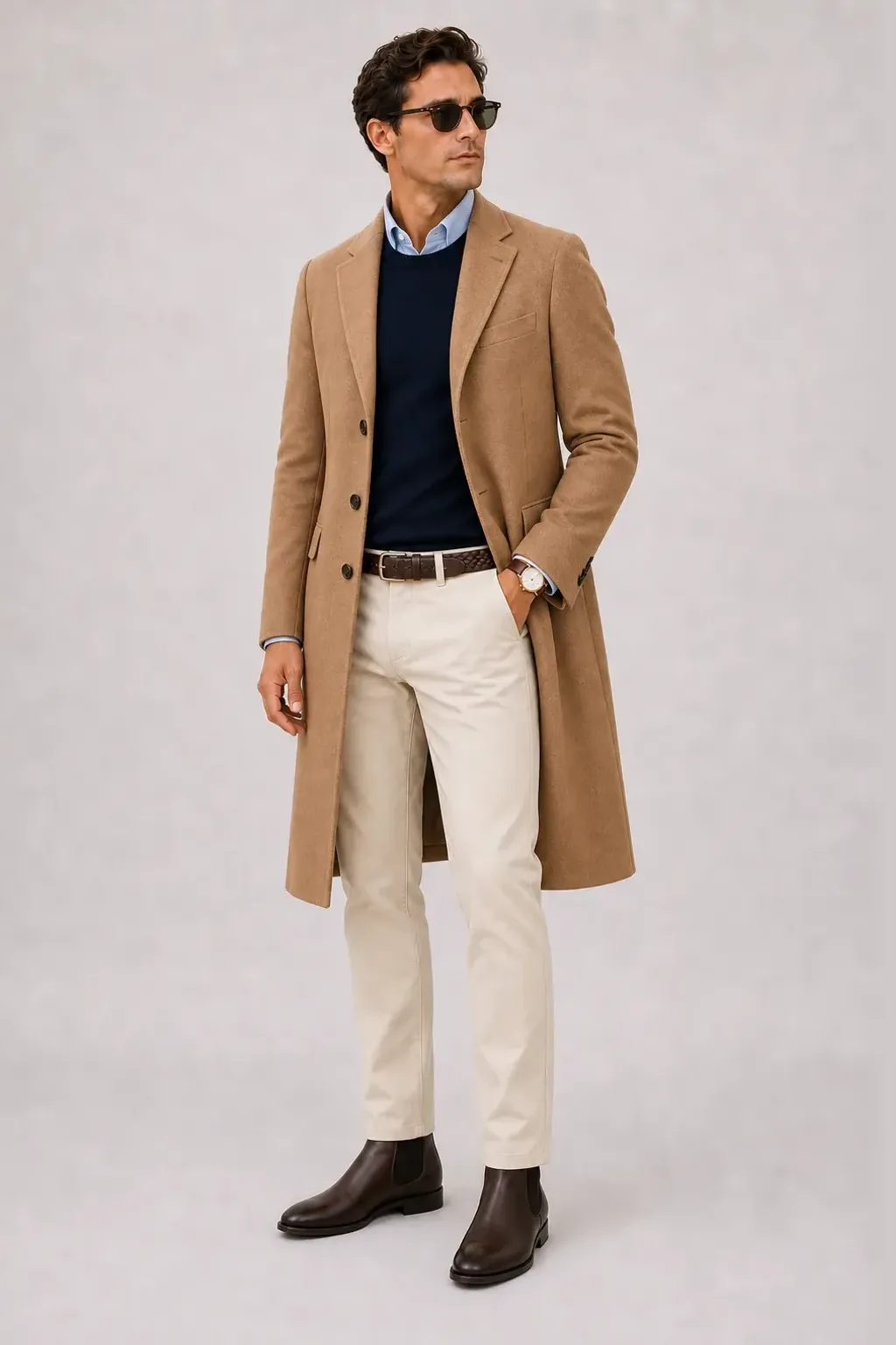 Langer Mantel Camel über Cardigan Navy und T-Shirt Weiss, dazu Chino Creme und Chelsea Boot — Crewneck-Pullover Feinstrick Navy