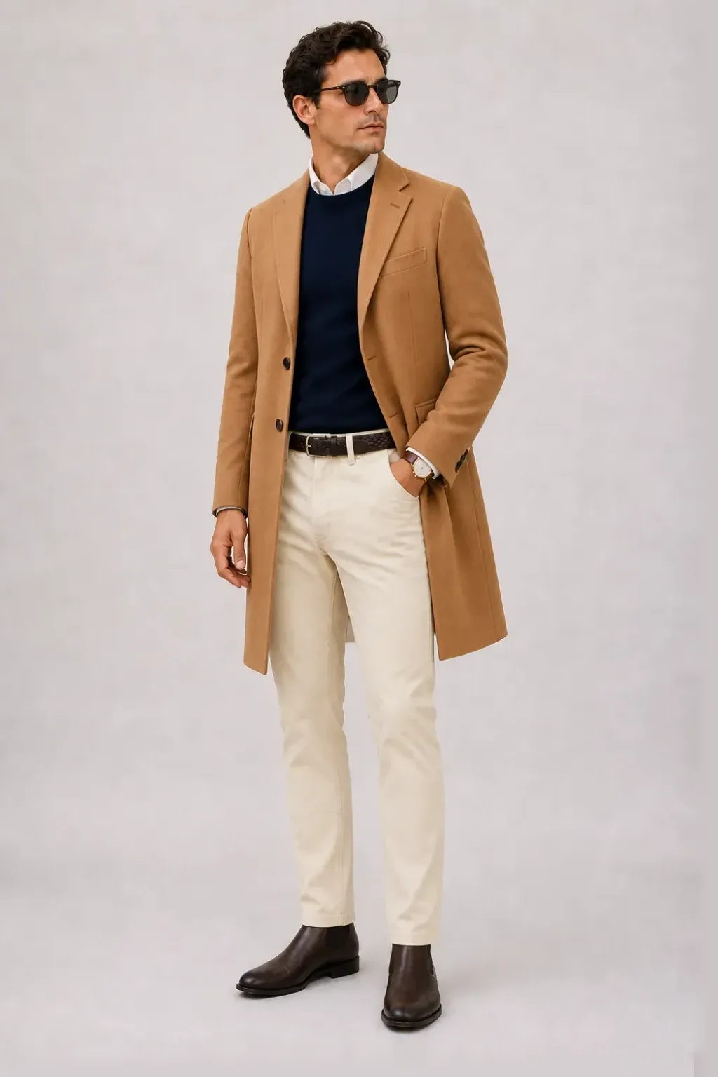 Langer Mantel Camel über Crewneck-Pullover Feinstrick Navy und Button-Down-Hemd Hellblau, dazu Chino Creme und Chelsea Boot — Button-Down-Hemd Weiss