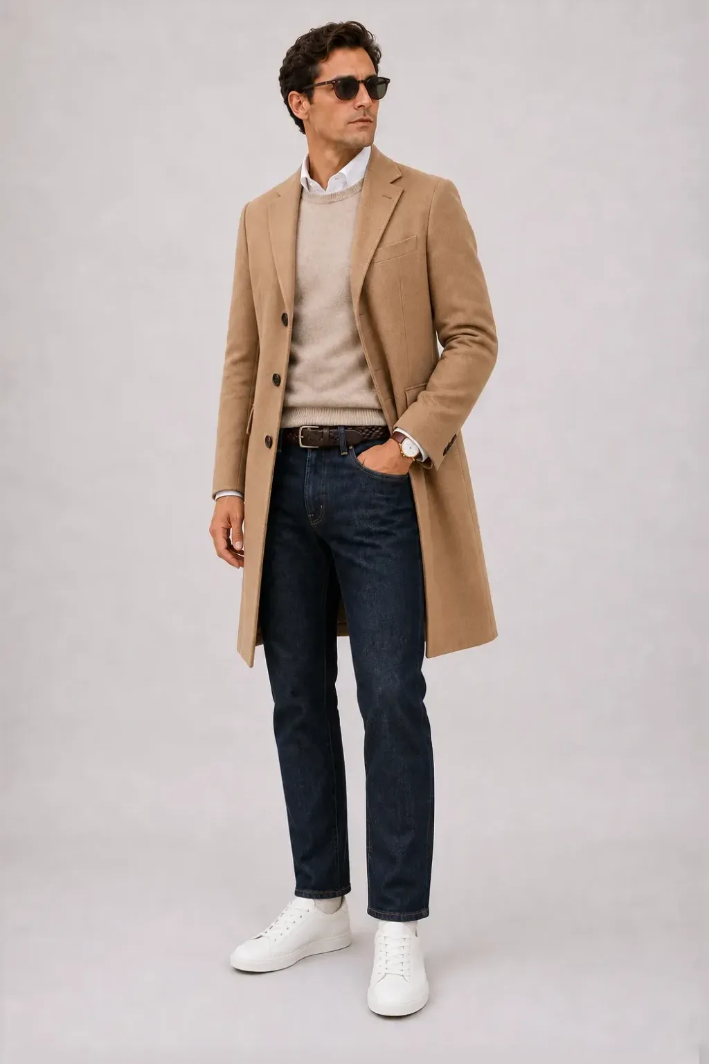 Langer Mantel Camel über Button-Down-Hemd, dazu Jeans Navy und Sneaker — Crewneck-Pullover Feinstrick Beige