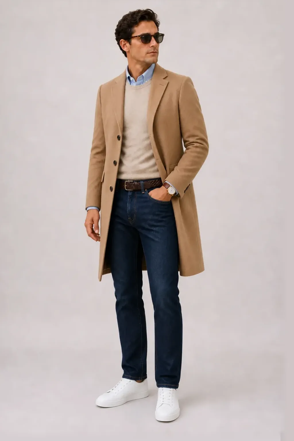 Langer Mantel Camel über Crewneck-Pullover Feinstrick Beige und Button-Down-Hemd Weiss, dazu Jeans Navy und Sneaker — Button-Down-Hemd Hellblau