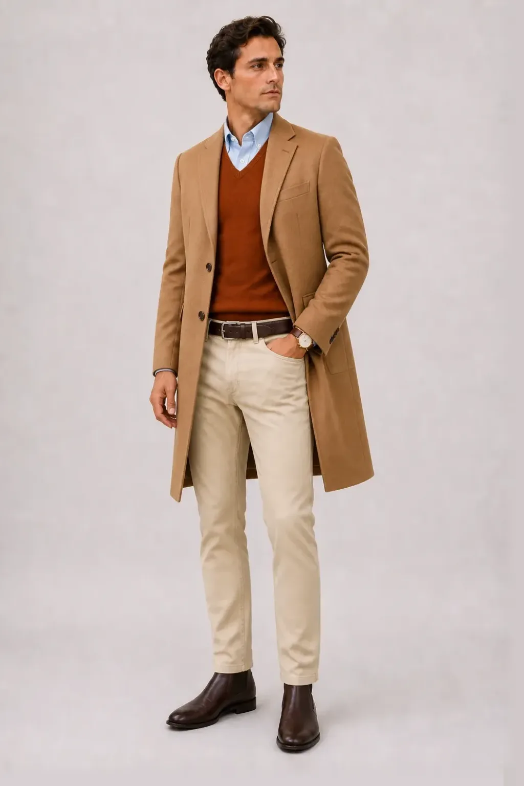 Langer Mantel Camel über V-Neck-Pullover Feinstrick, dazu Chino Beige und Chelsea Boot