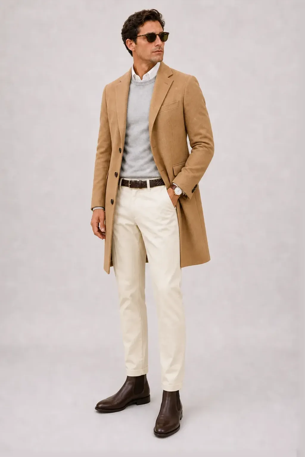 Langer Mantel Camel über Crewneck-Pullover Feinstrick Hellgrau und Button-Down-Hemd Weiss, dazu Chino Creme und Chelsea Boot