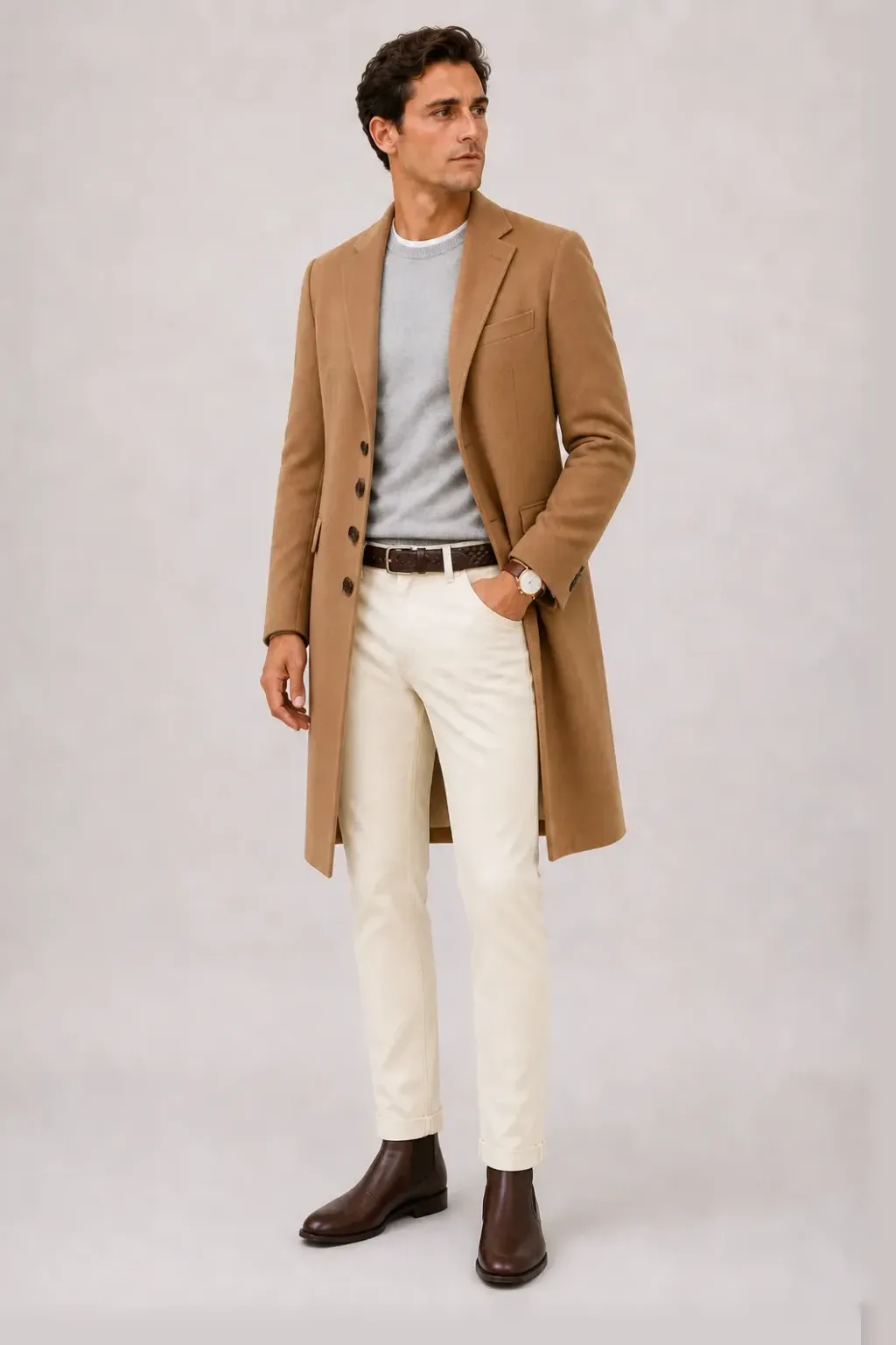 Langer Mantel Camel über Crewneck-Pullover Feinstrick Hellgrau und Button-Down-Hemd Weiss, dazu Chino Creme und Chelsea Boot — T-Shirt Weiss