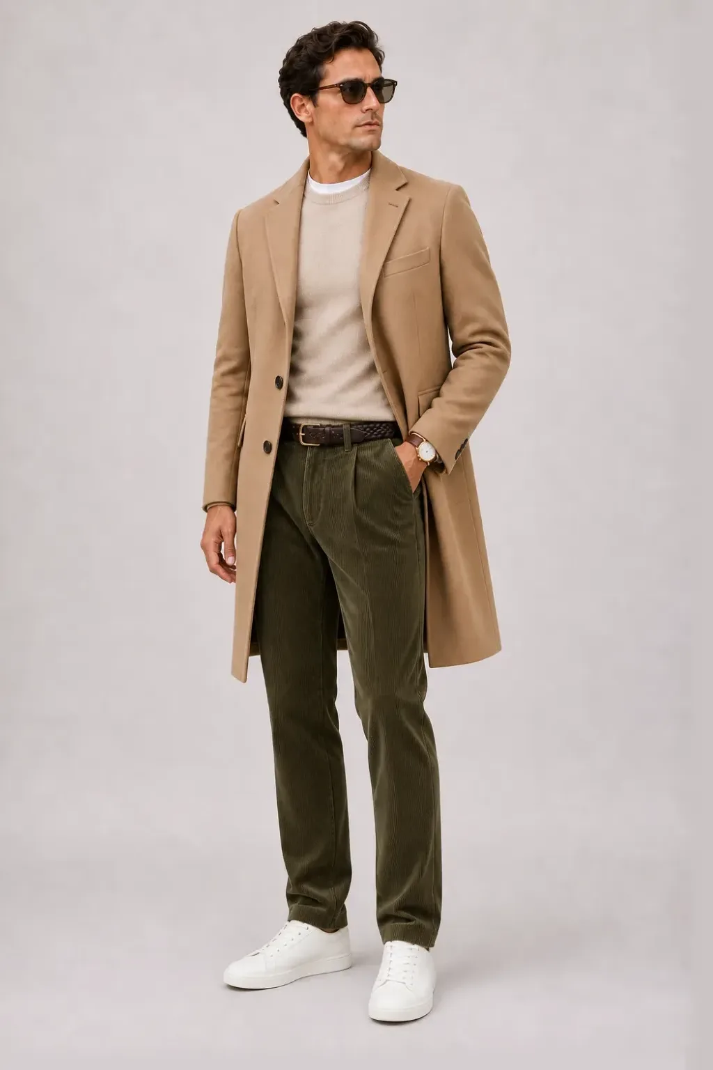 Langer Mantel Camel über Crewneck-Pullover Feinstrick Beige und T-Shirt Weiss, dazu Cordhose Oliv und Sneaker