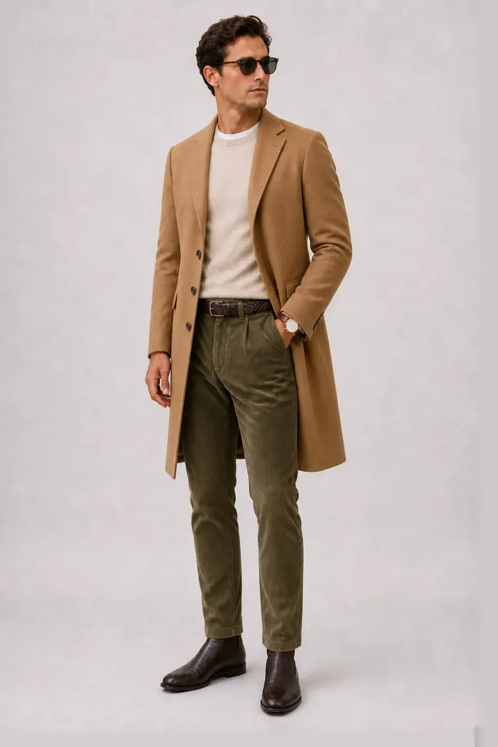 Langer Mantel Camel über Crewneck-Pullover Feinstrick Beige und T-Shirt Weiss, dazu Cordhose Oliv und Sneaker