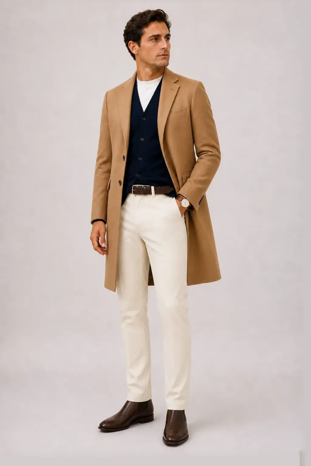 Langer Mantel Camel über Cardigan Navy und T-Shirt Weiss, dazu Chino Creme und Chelsea Boot