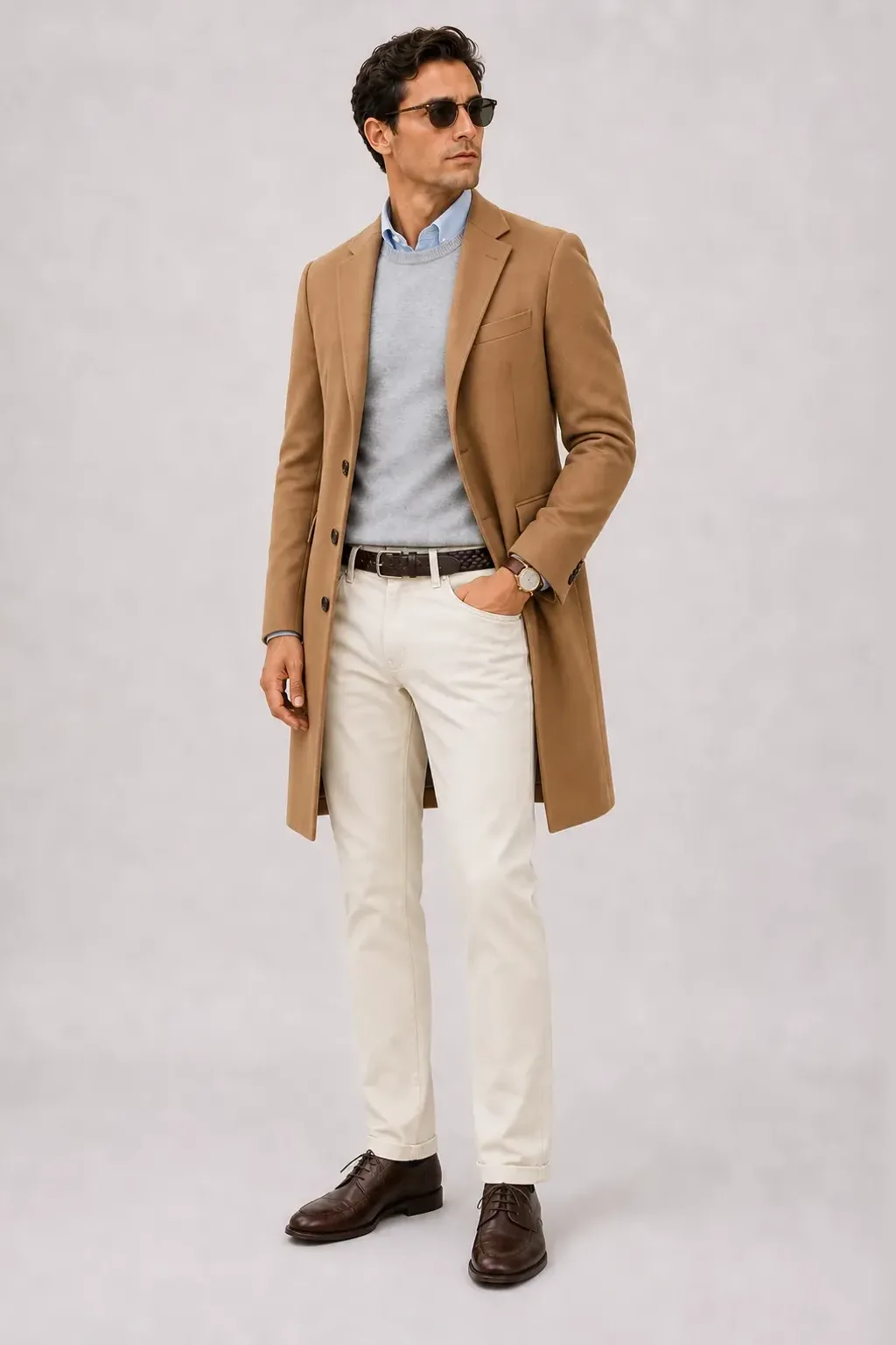 Langer Mantel Camel über Crewneck-Pullover Feinstrick, dazu Chino Oliv und Derby — Chino Creme