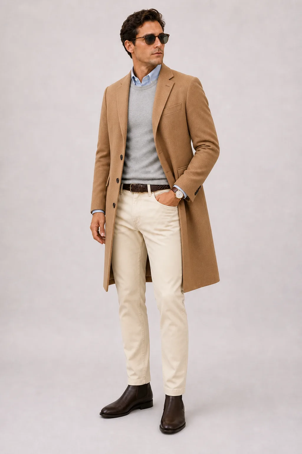 Langer Mantel Camel über Crewneck-Pullover Feinstrick, dazu Chino Creme und Derby
