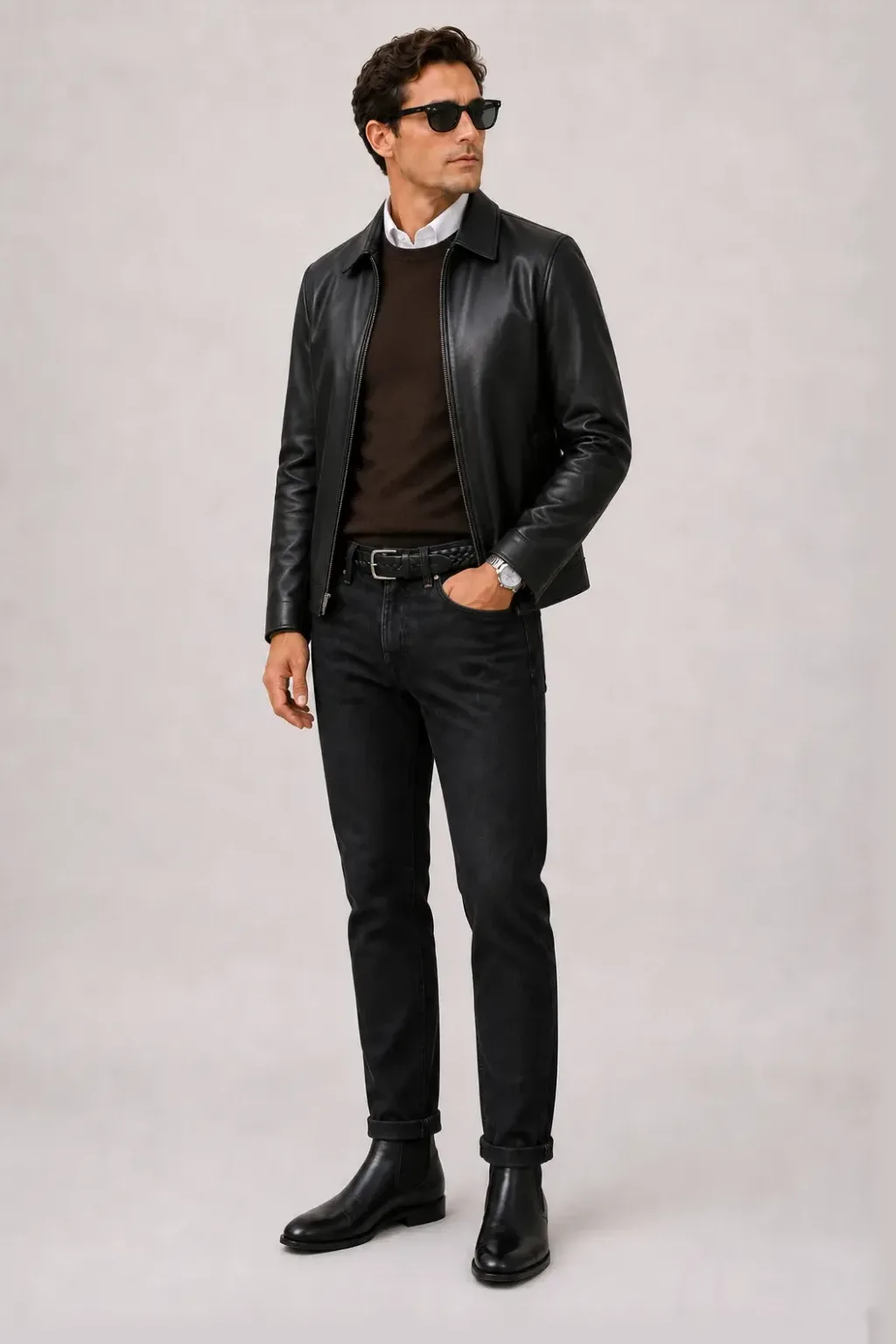 Lederjacke Schwarz über Crewneck-Pullover Feinstrick Schokobraun und Button-Down-Hemd Weiss, dazu Jeans Schwarz und Chelsea Boot