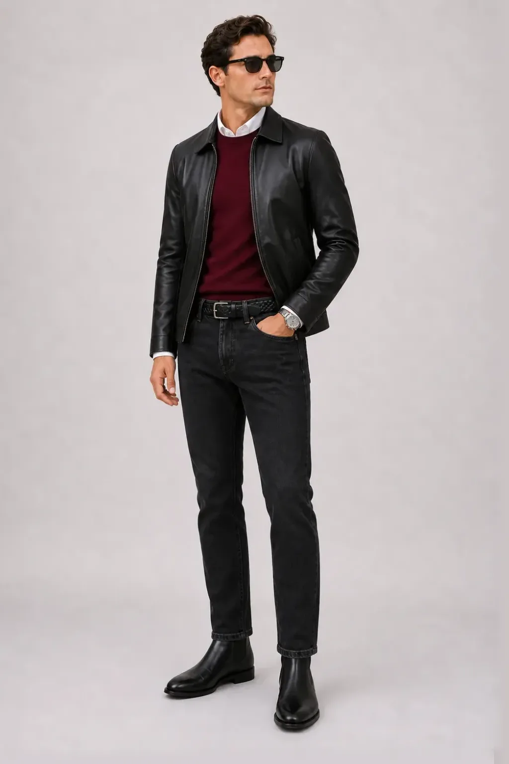 Lederjacke Schwarz über T-Shirt Hellgrau, dazu Jeans Schwarz und Chelsea Boot — Crewneck-Pullover Feinstrick Bordeaux