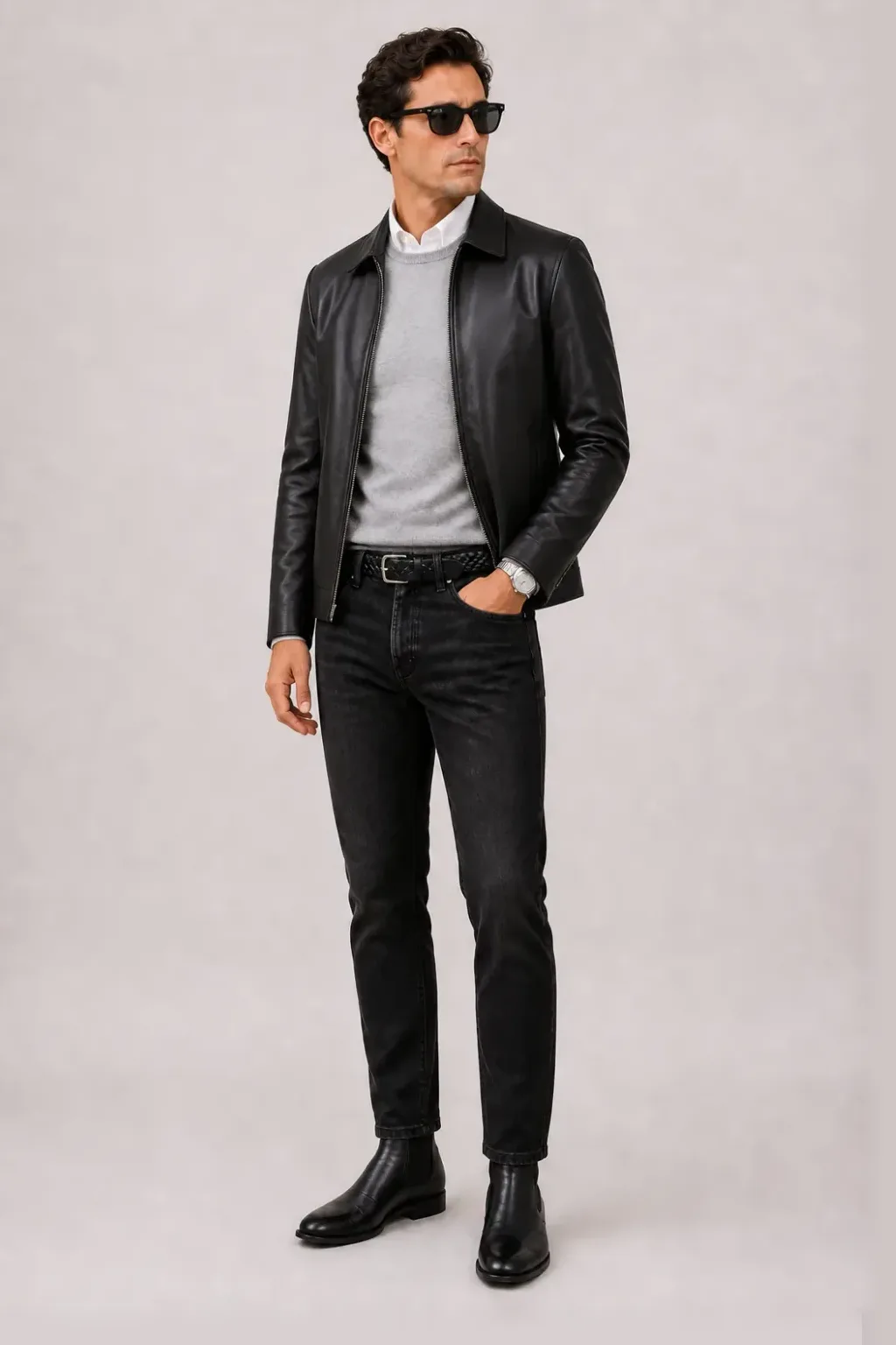 Lederjacke Schwarz über Crewneck-Pullover Feinstrick Hellgrau und Button-Down-Hemd Weiss, dazu Jeans Schwarz und Chelsea Boot