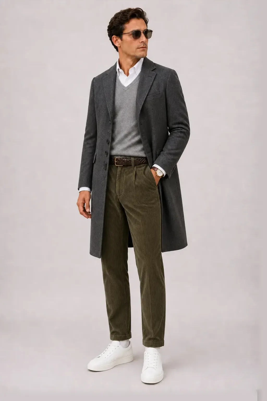 Langer Mantel Dunkelgrau über V-Neck-Pullover Feinstrick, dazu Cordhose Oliv und Sneaker