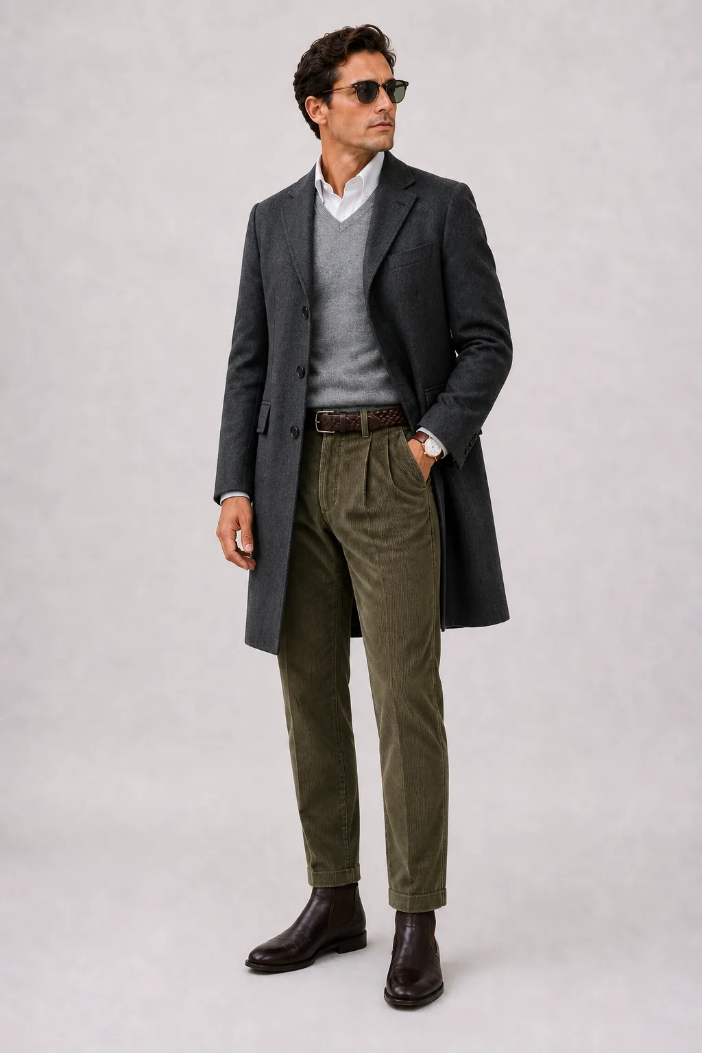 Langer Mantel Dunkelgrau über V-Neck-Pullover Feinstrick, dazu Cordhose Oliv und Sneaker