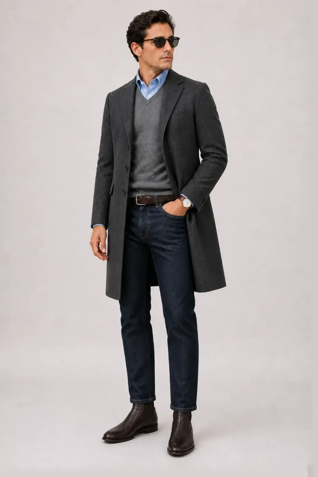 Langer Mantel Dunkelgrau über V-Neck-Pullover Feinstrick, dazu Jeans Navy und Chelsea Boot
