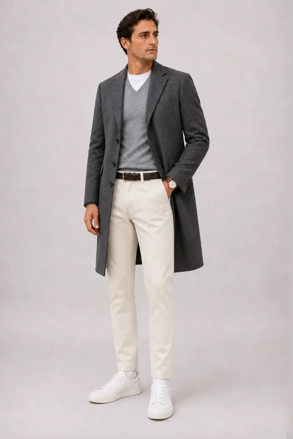 Langer Mantel Dunkelgrau über V-Neck-Pullover Feinstrick, dazu Chino Creme und Sneaker