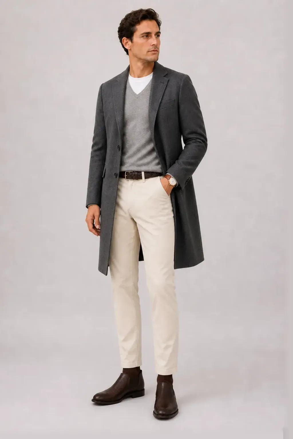 Langer Mantel Dunkelgrau über V-Neck-Pullover Feinstrick, dazu Chino Creme und Sneaker