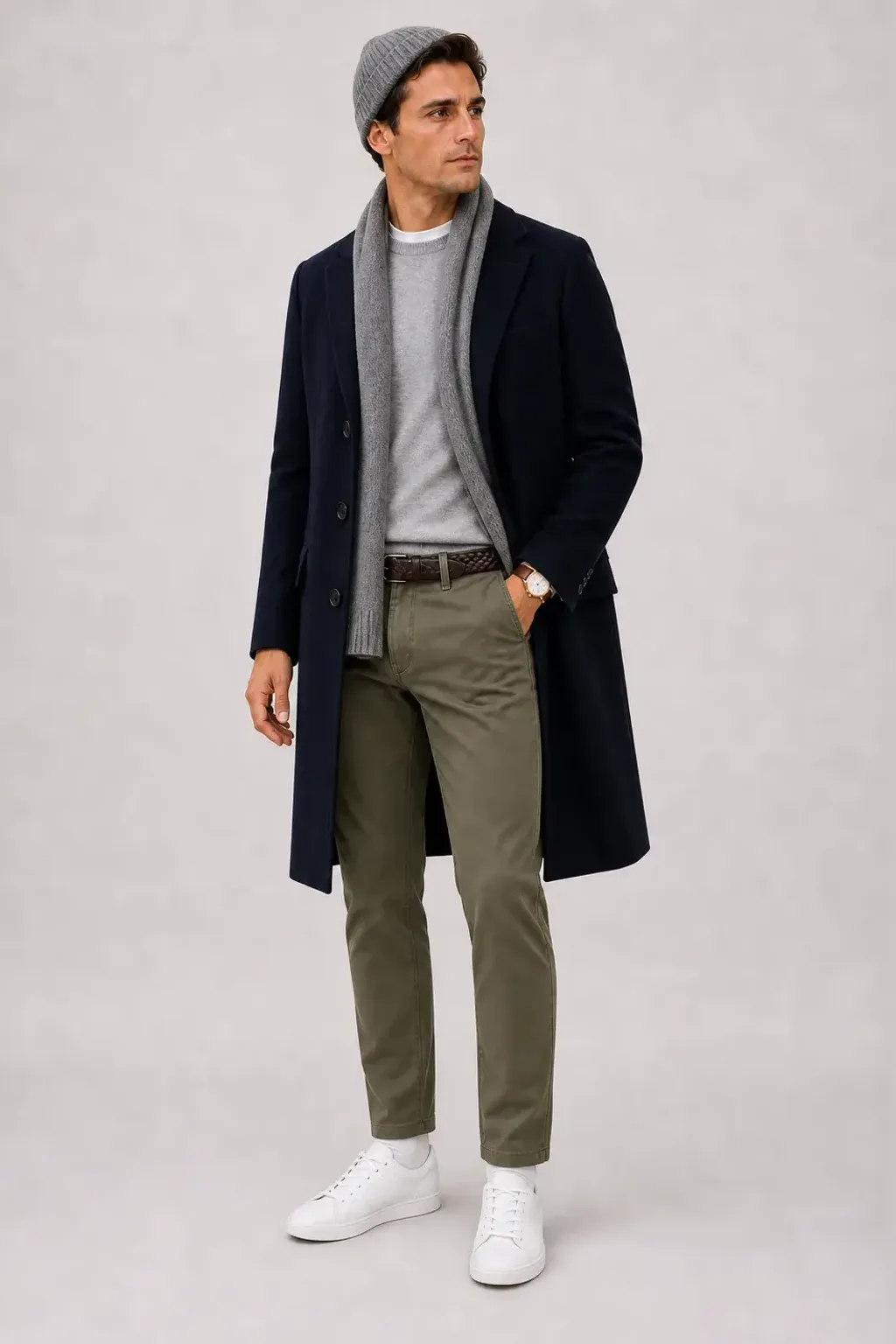 Langer Mantel Navy über Crewneck-Pullover Feinstrick Hellgrau und Button-Down-Hemd Hellblau, dazu Cordhose Oliv und Chelsea Boot — ≈ T-Shirt statt Button-Down-Hemd darunter Chino statt Cordhose +1