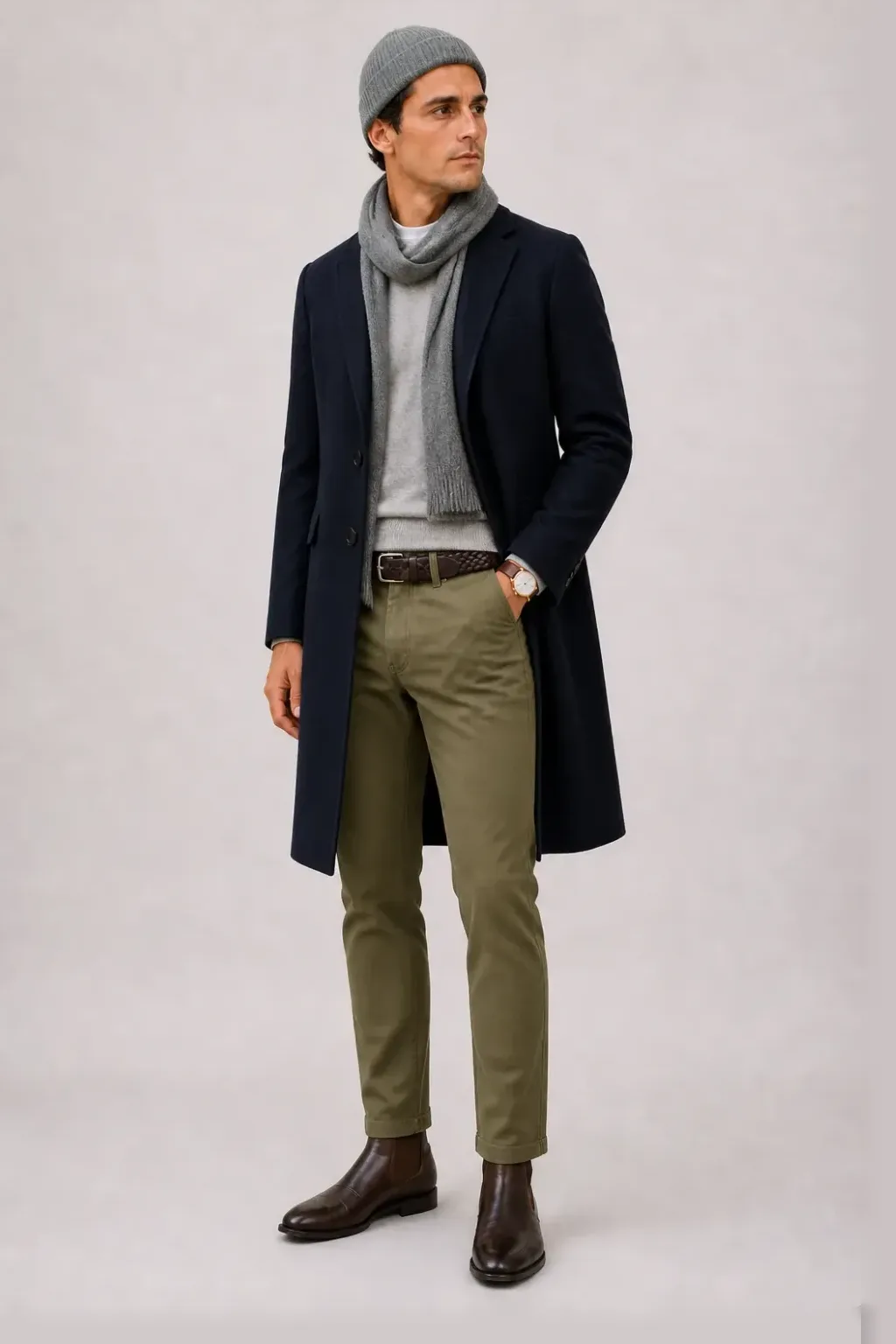 Langer Mantel Navy über Crewneck-Pullover Feinstrick, dazu Chino Oliv und Sneaker
