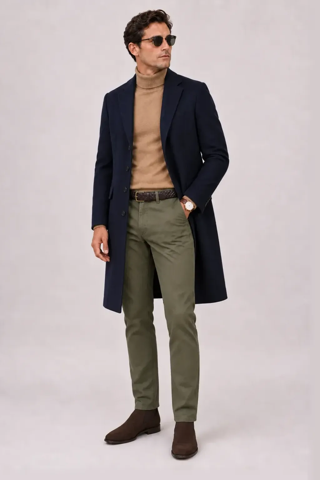 Langer Mantel Navy über Rollkragenpullover, dazu Chino Oliv und Chelsea Boot Wildleder