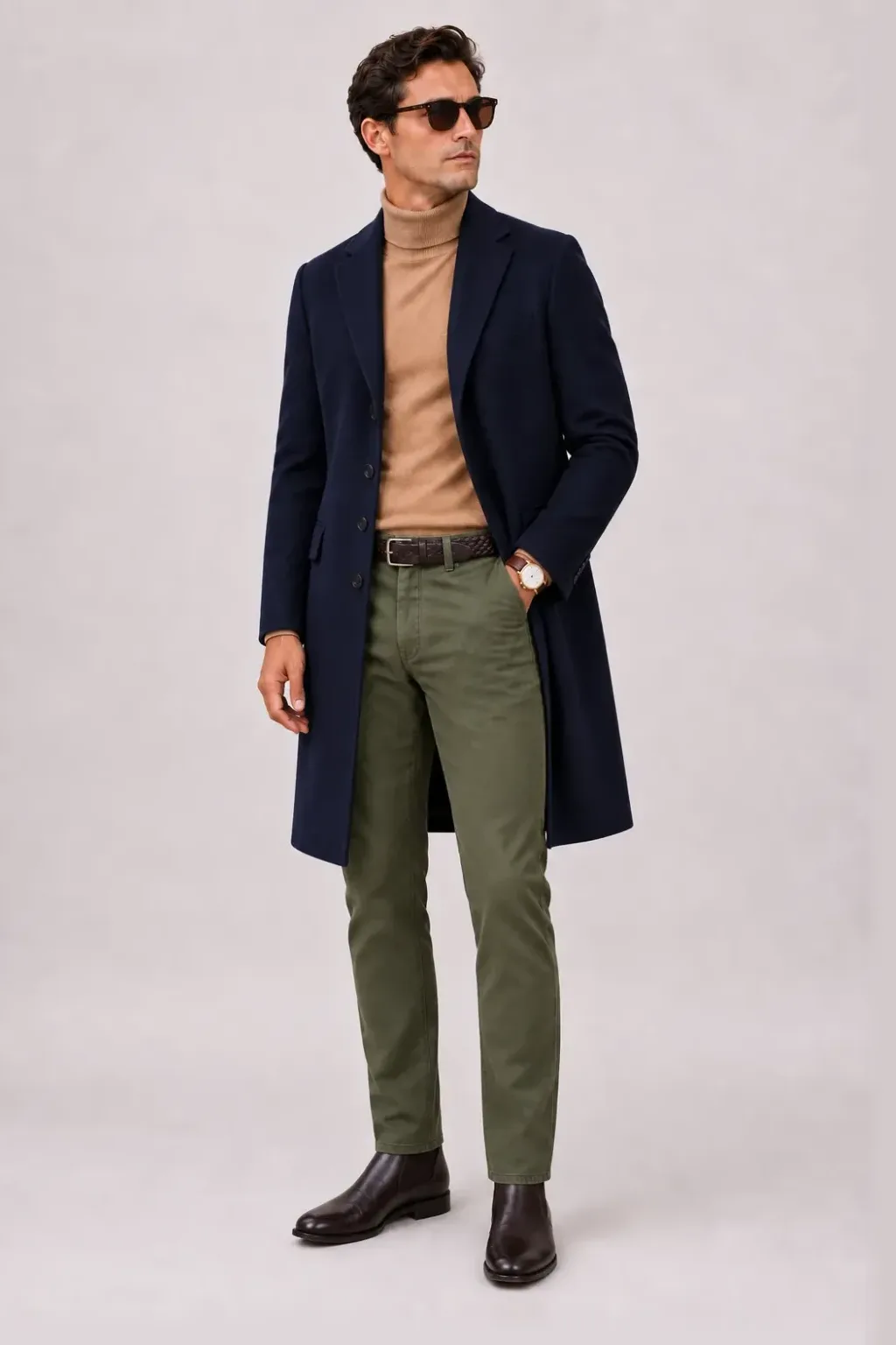 Langer Mantel Navy über Rollkragenpullover, dazu Chino Oliv und Chelsea Boot Wildleder