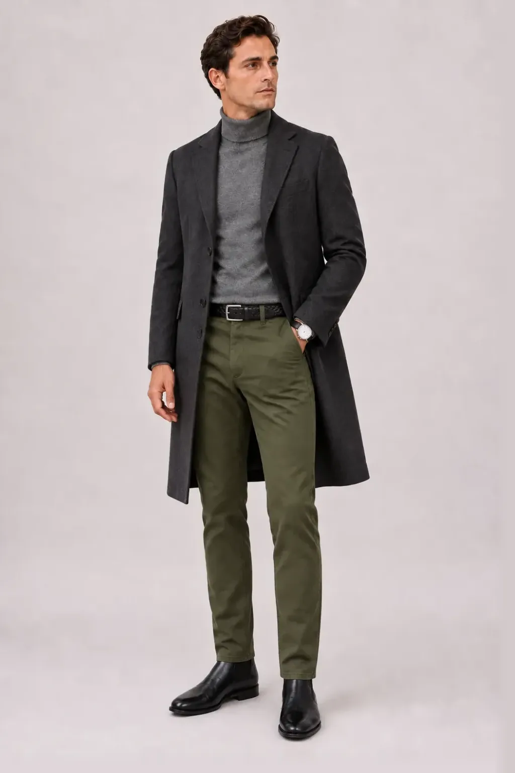 Langer Mantel Dunkelgrau über V-Neck-Pullover Feinstrick, dazu Cordhose Oliv und Sneaker — ≈ Rollkragenpullover pur Chino statt Cordhose +1