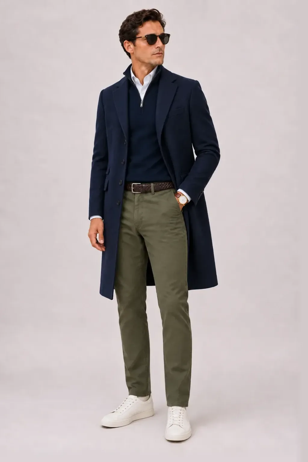Langer Mantel Navy über Crewneck-Pullover Feinstrick Navy und Button-Down-Hemd Weiss, dazu Cordhose Oliv und Sneaker — ≈ Half-Zip Pullover Feinstrick statt Crewneck-Pullover Feinstrick Chino statt Cordhose +1